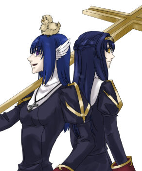 2girls animal animal_on_head baby_animal bird bird_on_head black_dress blue_hair braid breasts chick closed_mouth commentary_request cross cross_necklace dress feathered_wings half_up_braid head_wings holding holding_staff jewelry juliet_sleeves long_hair long_sleeves looking_at_viewer medium_breasts multiple_girls necklace on_head open_mouth priest_(ragnarok_online) puffy_sleeves purple_eyes ragnarok_online simple_background smile staff toriria upper_body white_background white_wings wings yellow_eyes