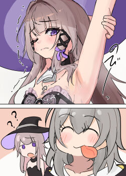 2girls :p ;( ? ?? ^_^ absurdres armpits arms_up blush closed_eyes commentary_request frown grey_hair hair_intakes hair_ribbon herta_(honkai:_star_rail) highres honkai:_star_rail honkai_(series) long_hair looking_at_viewer multiple_girls one_eye_closed presenting_own_armpit purple_eyes purple_ribbon ribbon stelle_(honkai:_star_rail) strapless stretching sweat the_herta_(honkai:_star_rail) tongue tongue_out trailblazer_(honkai:_star_rail) yamaarashi_no_su