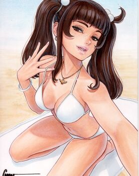 1girl alexnadria_kartal_(omar_dogan) artist_name barefoot beach beach_towel bikini bird_necklace blunt_bangs bracelet breasts brown_eyes brown_hair cleavage commentary commentary_request earrings english_commentary feet freckles highres jewelry long_hair looking_at_viewer medium_breasts navel necklace omar_dogan open_mouth original outstretched_arm pearl_hair_ornament pink_lips protected_link pulling_own_clothes reaching reaching_towards_viewer sand scan sidelocks signature sitting sky swimsuit towel traditional_media twintails white_bikini