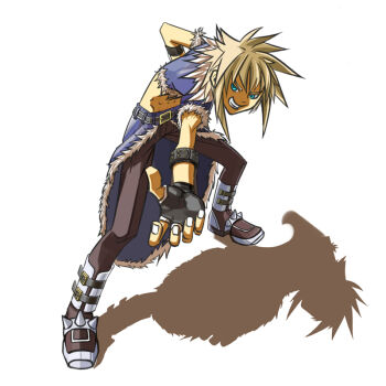 1boy armored_boots black_gloves blonde_hair blue_cape blue_eyes blue_jacket boots brown_pants cape commentary_request cropped_jacket daisu_(geturei) fingerless_gloves full_body fur-trimmed_cape fur-trimmed_jacket fur_trim gloves grin jacket leaning_forward looking_at_viewer male_focus pants ragnarok_online reaching reaching_towards_viewer shadow short_hair short_sleeves simple_background smile solo spiked_hair stalker_(ragnarok_online) standing waist_cape white_background wristband