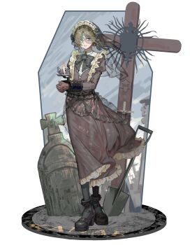 Rule 34 | 1boy, aqua eyes, bandage over one eye, black dress, black gloves, black pantyhose, black shoes, bound, bound wrists, brown hair, bw sekai, candle, commentary, cross, crossdressing, crossdressing (mtf), dress, english commentary, frilled dress, frills, full body, gloves, hair bun, highres, juliet sleeves, kanae (19th costume) (nijisanji), kanae (nijisanji), long sleeves, looking at viewer, maid, maid headdress, male focus, male maid, nijisanji, official alternate costume, own hands together, pantyhose, puffy sleeves, see-through clothes, see-through veil, shoes, shovel, simple background, smile, solo, stitched face, stitches, tombstone, veil, virtual youtuber, white background