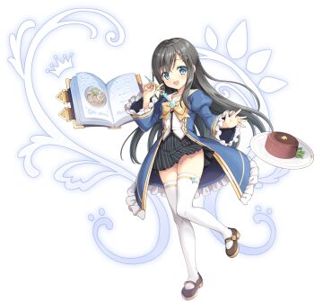 Rule 34 | 1girl, artist request, asaka ushio, blue eyes, bow, breasts, brown hair, buttons, cake, chocolate cake, crown, food, full body, game cg, hair ornament, highres, holding, legend clover, long hair, official art, open hand, open mouth, ouchi ni kaeru made ga mashimaro desu, plate, school uniform, skirt, solo, standing, standing on one leg, teeth, third-party source, transparent background, upper teeth only