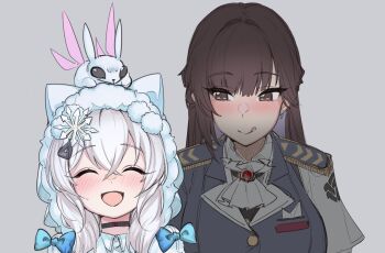 2girls animal_ear_headwear animal_ears ascot black_choker black_jacket blue_bow blush bow breasts brown_eyes brown_hair cat_ears choker closed_eyes closed_mouth crossed_bangs earrings epaulettes fake_animal_ears fur-trimmed_jacket fur_trim goddess_of_victory:_nikke hair_between_eyes hair_ornament jacket jewelry large_breasts long_hair looking_at_another marciana_(nikke) military_jacket multiple_girls n102_(miracle_fairy)_(nikke) n102_(nikke) official_alternate_costume open_mouth sidelocks simple_background smile snowflake_hair_ornament standing tenbin_gashira tongue tongue_out upper_body white_ascot white_hair white_jacket