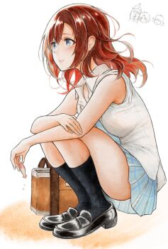 1girl blue_eyes blue_necktie blue_skirt closed_mouth full_body highres kairi_(kingdom_hearts) kingdom_hearts kingdom_hearts_ii long_hair necktie red_hair school_uniform selphie_tilmitt skirt smile stubox15 tidus wakka