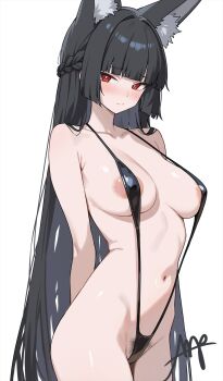 1girl animal_ear_fluff animal_ears areola_slip bare_shoulders black_hair black_slingshot_swimsuit blunt_bangs blush braid breasts cleavage covered_erect_nipples female_pubic_hair fox_ears fox_girl highres hoshimi_miyabi large_breasts long_hair looking_at_viewer marisasu_(marisa0904) navel pubic_hair red_eyes sideboob sidelocks slingshot_swimsuit solo swimsuit thighs zenless_zone_zero