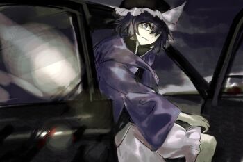 1other androgynous black_hair black_hat black_shirt blood blood_splatter car car_door chinese_commentary clenched_teeth collared_shirt commentary commentary_request cowboy_shot detached_hood english_commentary frilled_headwear frilled_shorts frills furrowed_brow hair_between_eyes hat high_collar highres hood hood_down hooded_jacket horrified implied_murder jacket len&#039;en long_sleeves looking_at_viewer mixed-language_commentary mob_cap motor_vehicle night open_clothes open_jacket other_focus outdoors puffy_shorts purple_eyes purple_jacket shirt shitodo_kuroji short_hair shorts sitting solo teeth triangular_headpiece white_shorts wide-eyed wide_sleeves yancao_(pixiv_103434280) zipper