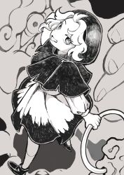 Rule 34 | 1boy, 1girl, absurdres, capelet, commentary request, dress, from above, greyscale, highres, hood, hood up, hooded capelet, kneehighs, kumoi ichirin, long sleeves, monochrome, parted bangs, short hair, socks, standing, tongue, tongue out, touhou, umebitan, unzan, wavy hair