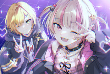 Rule 34 | 1boy, 1girl, ;d, absurdres, arm belt, bat necklace, belt, black collar, black jacket, blonde hair, blue hood, blunt bangs, chain, chain necklace, closed mouth, clothes writing, collar, collarbone, colored inner hair, crop top, cross-laced clothes, cross-laced top, drawstring, earclip, fangs, green eyes, grey hair, hair bobbles, hair intakes, hair ornament, hair over one eye, hairclip, heart, highres, hood, hood down, hoodie, jacket, jewelry, lapels, looking at viewer, loose belt, makaino ririmu, makaino ririmu (6th costume), multicolored hair, necklace, nijisanji, no headwear, notched lapels, o-ring collar, one eye closed, open clothes, open jacket, open mouth, pendant, pink hair, pink jacket, pink streaks, pixel heart, plaid clothes, pointy ears, print hoodie, purple background, red eyes, short hair, sleeves past wrists, smile, sparkle, spiked collar, spikes, standing, star (symbol), star hair ornament, streaked hair, two-sided fabric, two-sided jacket, two-tone hair, two side up, unbuttoned, unzipped, upper body, uzuki kou, uzuki kou (5th costume), v, v over eye, virtual youtuber, white hoodie, wolf cut, yellow belt, yellow trim, yo o 489