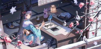 1girl absurdres alternate_costume animal_ears architecture bird black_hair black_sash blue_kimono braid calligraphy calligraphy_brush closed_mouth commentary_request cup east_asian_architecture food fox_ears fox_girl half_up_braid highres holding holding_calligraphy_brush holding_paintbrush hoshimi_miyabi indoors japanese_clothes kimono long_hair luckyboo_(zenless_zone_zero) no_shoes paintbrush partial_commentary red_eyes sash scabbard seiza sheath sheathed sitting smile solo sword very_long_hair weapon xary yunomi zenless_zone_zero