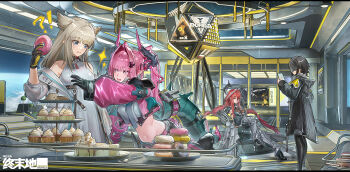 4girls ? arknights arknights:_endfield arm_guards armored_boots bare_shoulders black_coat black_gloves black_hair blonde_hair blue_eyes blue_hair boots breasts cake closed_mouth coat commentary_request copyright_name crop_top cropped_jacket crossed_legs cupcake donut dragon_girl dragon_horns dress ear_tufts eating ember_(arknights) endministrator_(arknights) female_endministrator_(arknights) food food_on_face fork gloves hair_intakes hair_ornament hairclip halo highres hood hood_down hooded_coat horns indoors jacket knee_boots knight_fault long_hair long_sleeves looking_at_viewer low-tied_long_hair low_twintails mask medium_breasts midriff multicolored_hair multiple_girls navel off_shoulder open_clothes open_jacket pantyhose perlica_(arknights) pink_hair pink_jacket plate pointy_ears pouch red_hair short_hair sitting smile space sparkle standing streaked_hair tiered_tray twintails two-tone_hair underbust very_long_hair white_dress white_jacket yellow_eyes yellow_gloves yvonne_(arknights)