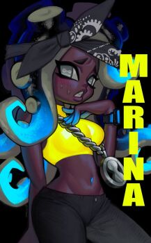 1girl bandana black_bandana black_hair black_pants blue_hair blue_hands blush breasts cephalopod_eyes character_name colored_extremities colored_tips cowboy_shot crop_top dark-skinned_female dark_skin fang furrowed_brow glowing glowing_hair gradient_hair grey_eyes highres horizontal_pupils jewelry large_breasts looking_at_viewer marina_(splatoon) multicolored_hair namnums navel_piercing necklace nintendo octoling pants parted_lips piercing shirt silver_necklace sleeveless sleeveless_shirt solo splatoon_(series) splatoon_2 suction_cups sweatdrop tentacle_hair two-tone_hair very_dark_skin watch wristwatch yellow_shirt