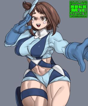 1girl artist_name blue_jacket blue_shorts blush_stickers boku_no_hero_academia breasts brown_eyes brown_hair cosplay female_focus hair_ornament highres jacket large_breasts looking_at_viewer matching_hair/eyes navel nintendo official_alternate_hairstyle open_mouth pokemon pokemon_bw shorts shosho_oekaki skyla_(pokemon) skyla_(pokemon)_(cosplay) smile solo teeth thick_thighs thighs turtleneck turtleneck_jacket upper_teeth_only uraraka_ochako
