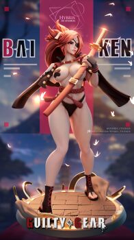 3d absurdres amputee baiken breasts eyepatch facial_mark feet full_body guilty_gear highres hybris_studios jacket katana large_breasts legs lips panties pasties platform red_eyes red_hair serious spiked_hair sword toes underwear weapon