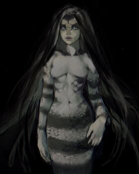 1girl absurdres black_background black_hair blue_eyes commentary english_commentary floating_hair highres long_hair looking_at_viewer mermaid monster_girl nude original simple_background solo striped_skin twulfs very_long_hair