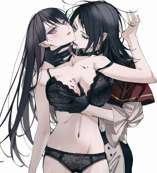 2girls bang_dream! bang_dream!_it's_mygo!!!!! black_bra black_gloves black_hair black_panties blackfangs blood blue_eyes bow bow_panties bra breasts cameltoe capelet chinese_commentary commentary_request earrings fangs gloves groping jewelry large_breasts multiple_girls one_eye_closed panties parted_lips purple_eyes red_capelet shiina_taki shirt simple_background timoris_(bang_dream!) underwear underwear_only vampire white_background white_shirt yahata_umiri yuri