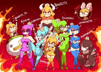 2018 6+girls adjusting_eyewear adjusting_glasses arm_up arms_up artist_name bandana bare_shoulders black-framed_eyewear black_dress black_eyes black_leotard black_thighhighs blonde_hair blue_dress blue_eyes blue_hair blue_thighhighs blush bow bowser_jr. bowsette bowsette_jr. bracelet breasts cameltoe character_name cleavage clenched_hand closed_mouth collarbone colored_skin crossed_arms crown dark-skinned_female dark_skin diives dress earrings fang fangs female_focus fire full_body genderswap genderswap_(mtf) glasses gradient_background green_dress green_hair green_thighhighs hair_between_eyes hand_on_own_hip hand_up hands_on_own_cheeks hands_on_own_face hands_on_own_hips happy high_heels high_ponytail horns iggy_koopa iggysette jewelry knees_together_feet_apart koopa_clown_car koopalings larrette larry_koopa leg_up legs_apart lemmy_koopa lemmysette leotard long_hair looking_at_viewer ludwig_von_koopa ludwigsette mario_(series) matching_hair/eyes mature_female medium_breasts morton_koopa_jr. mortonsette mother_and_daughter multicolored_hair multicolored_skin multiple_girls new_super_mario_bros._u_deluxe nintendo open_mouth panties personification pigeon-toed pink_bow pointy_ears polka_dot polka_dot_bow ponytail puffy_short_sleeves puffy_sleeves purple_dress purple_eyes purple_hair purple_thighhighs raised_eyebrow red-framed_eyewear red_background red_eyes roy_koopa roysette sharp_teeth shoes short_dress short_sleeves sideboob signature simple_background single_sleeve smile spiked_bracelet spiked_shell spikes squatting standing standing_on_one_leg strapless strapless_leotard sunglasses super_crown tail teeth thighhighs tinted_eyewear tongue tongue_out turtle_shell two-tone_skin underwear upskirt wendy_o._koopa white_panties yellow_dress yellow_thighhighs zettai_ryouiki