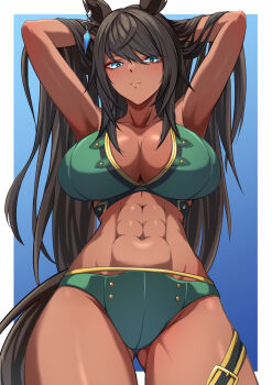 1girl abs alternate_costume animal_ears armpits arms_behind_head arms_up bikini black_hair blue_eyes breasts cleavage closed_mouth collarbone commentary_request commission dark-skinned_female dark_skin ear_ornament earrings eve_on_k gluteal_fold green_bikini hair_between_eyes hands_in_own_hair highres horse_ears horse_girl horse_tail jewelry large_breasts long_hair looking_at_viewer muscular muscular_female navel single_earring skeb_commission solo stomach swimsuit symboli_kris_s_(umamusume) tail thigh_gap thigh_strap thighs umamusume very_long_hair