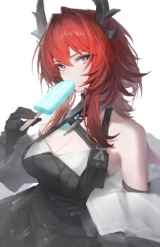 1girl arknights arknights:_endfield bare_shoulders black_dress black_gloves black_horns breasts cleavage commentary dress food gloves hair_between_eyes hair_intakes hand_up highres holding holding_food holding_ice_cream horns ice_cream laevatein_(arknights) looking_at_viewer medium_breasts off_shoulder ozeu0916 purple_eyes red_hair simple_background solo surtr_(arknights) upper_body white_background