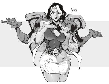 Rule 34 | 1girl, black hair, black lips, breasts, cleavage cutout, clothing cutout, cowboy shot, cropped legs, domina (overwatch), greyscale, hands up, highres, jacket, jacket on shoulders, mechanical arms, mole, mole on breast, monochrome, multicolored hair, overwatch, pencil skirt, skirt, solo, standing, victorbalgitt