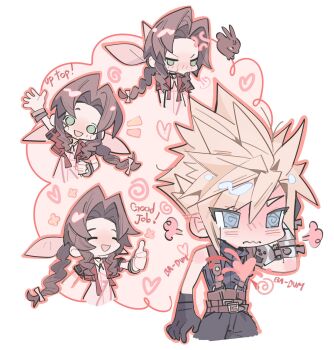 1boy 1girl @_@ aerith_gainsborough anger_vein armor bangle belt black_gloves black_pants black_shirt blonde_hair blush border bracelet braid braided_ponytail brown_belt brown_hair chibi chibi_only choker closed_eyes cloud_strife cowboy_shot cropped_jacket cropped_legs dress ear_blush english_text final_fantasy final_fantasy_vii final_fantasy_vii_remake flower_choker flustered furrowed_brow gloves green_eyes hair_between_eyes hair_ribbon hand_in_own_hair hand_up heartbeat highres imagining jacket jewelry lentymet long_hair multiple_belts open_mouth pants parted_bangs pauldrons pink_background pink_dress pink_ribbon pout rabbit red_jacket ribbon sharp_teeth shirt short_hair short_sleeves shoulder_armor sidelocks single_braid single_pauldron sleeveless sleeveless_turtleneck smile suspenders teeth thumbs_up turtleneck upper_body wavy_mouth white_border