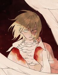 Rule 34 | 1girl, black background, blonde hair, blood, blood on clothes, chimera, commentary, dungeon meshi, falin touden, falin touden (chimera), feathered wings, highres, looking at viewer, nears, parted lips, shirt, short hair, solo, spoilers, symbol-only commentary, upper body, white shirt, white wings, wings, yellow eyes