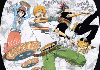 Rule 34 | 1girl, 3boys, abarai renji, beanie, belt, black hair, bleach, bracelet, breasts, brown eyes, cellphone, chain, copyright name, frisbee, hat, headband, jewelry, kon (bleach), kubo tite, kuchiki rukia, kurosaki ichigo, long skirt, looking at viewer, medium hair, multiple boys, navel, official art, open mouth, orange hair, pants, phone, ponytail, red hair, shirt, shoes, short hair, skirt, small breasts, spiked hair, stuffed animal, stuffed lion, stuffed toy, watch, white shirt