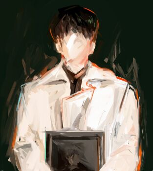 Rule 34 | 1boy, absurdres, awl inthe world, black hair, black shirt, coat, faceless, facing viewer, green background, highres, holding portrait, iei, kim dokja, male focus, omniscient reader's viewpoint, open clothes, open coat, painterly, shirt, short hair, solo, upper body, white coat