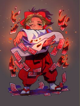 1girl absurdres black_eyes bow brown_hair burning commentary_request detached_sleeves embers floating_hair full_body grey_background hair_bow hair_tubes hakama hakama_pants hakurei_reimu half-closed_eye highres inuyama_konan japanese_clothes medium_hair ofuda one_eye_closed pants red_bow red_hakama sandals solo standing tabi touhou zouri