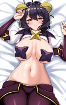 1girl absurdres ahoge blush breasts bridal_gauntlets closed_mouth commentary_request cowboy_shot cross-shaped_pupils fingernails forward-facing_horns hair_between_eyes hands_up highres hiiragi_utena horns jewelry large_breasts looking_at_viewer lying magia_baiser mahou_shoujo_ni_akogarete namako_muri navel on_back pants partial_commentary pasties purple_bridal_gauntlets purple_hair purple_pants ring short_hair short_sleeves shrug_(clothing) solo stomach swept_bangs symbol-shaped_pupils white_background white_shrug yellow_eyes