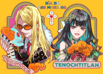 1boy 1girl bare_shoulders black_hair black_jacket blonde_hair blue_hair bouquet breasts character_name choker collared_shirt colored_inner_hair dress eyeliner fate/grand_order fate_(series) flower fur_trim gloves grey_eyes hair_flower hair_ornament highres jacket long_hair long_sleeves looking_at_viewer makeup multicolored_hair necktie poppoman puffy_short_sleeves puffy_sleeves red_gloves shirt short_sleeves sidelocks skeleton small_breasts sunglasses tenochtitlan_(celebratory_attire)_(fate) tenochtitlan_(fate) tezcatlipoca_(celebratory_attire)_(fate) tezcatlipoca_(fate) white_dress white_shirt