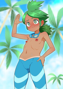 1girl @_@ arm_up blurry blurry_background blush cloud commentary_request copycat_(pokemon) cosplay day flat_chest goggles goggles_around_neck green_eyes green_hair hand_on_own_hip kevin.g.tuck leggings loli long_hair marlon_(pokemon) marlon_(pokemon)_(cosplay) navel nervous_smile nintendo nipples outdoors pokemon pokemon_bw2 pokemon_tcg ribs sky smile solo sweat tan tanline topless_female