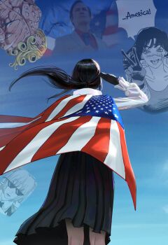 1girl absurdres american_flag better_call_saul black_dress black_gloves blue_sky breaking_bad cape chainsaw_man comic_panel_inset commentary day dress english_commentary fami_(chainsaw_man) from_side funny_valentine gloves highres hmtwod jojo_no_kimyou_na_bouken long_hair long_sleeves outdoors photo_inset salute saul_goodman shirt sky steel_ball_run white_shirt yoru_(chainsaw_man)