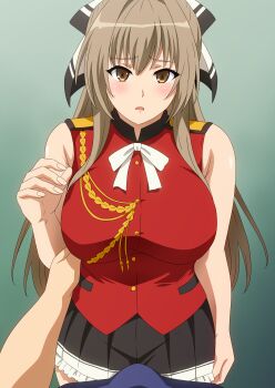 1boy 1girl amagi_brilliant_park bare_shoulders black_ribbon black_skirt blush bow breasts brown_eyes brown_hair bulge epaulettes erection erection_under_clothes fanged_bangs fingernails hair_bow hair_ribbon hand_on_another&#039;s_waist hara_(harayutaka) highres large_breasts long_hair looking_at_viewer open_mouth pleated_skirt ponytail pov pov_crotch red_shirt ribbon sento_isuzu shirt skirt sleeveless sleeveless_shirt solo_focus sweatdrop thighs two-tone_ribbon very_long_hair white_bow white_ribbon
