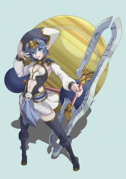 1girl aqua_background blue_hair boots cleavage_cutout clothing_cutout commentary_request gold_trim green_eyes hat hellmatio highres holding holding_weapon long_sleeves looking_at_viewer navel open_mouth pointy_ears puffy_long_sleeves puffy_sleeves shinrabanshou short_hair skirt skull solo stomach_cutout teeth thighhighs thighhighs_under_boots upper_teeth_only v v_over_eye w_xenosnr weapon white_hat white_skirt