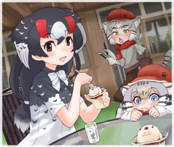 +_+ 3girls absurdres animal_ears apron bird_girl bird_wings black_hair blue_eyes bow bowtie brown_eyes cat_ears cat_girl cat_tail extra_ears feathered_wings food glass gloves grey_hair hat head_wings highres indoors kemono_friends kemono_friends_3 long_hair looking_at_viewer multiple_girls pallas&#039;s_cat_(kemono_friends) ribbon rock_ptarmigan_(kemono_friends) scarf shirt short_hair spoon sweets table tail toriny wings yellow_eyes