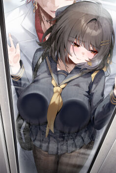 1boy 1girl parallel_hairclips absurdres against_glass alternate_breast_size alternate_costume averting_eyes bag black_bag black_hair black_pantyhose black_serafuku black_shirt black_skirt blush breast_press breasts breasts_on_glass brown_eyes burn_scar closed_mouth collared_shirt commentary condensation cowboy_shot cross cross_earrings earrings embarrassed english_commentary eyeliner female_rover_(wuthering_waves) from_outside hair_ornament hair_ribbon hairclip hand_on_glass hands_up highres jewelry large_breasts long_sleeves makeup miniskirt molestation open_mouth paid_reward_available pantyhose pleated_skirt red_eyeliner red_hair ribbon rourou_(been) rover_(wuthering_waves) scar scar_(wuthering_waves) scar_on_face school_bag school_uniform serafuku shirt shoulder_bag skirt smile solo_focus sweatdrop tacet_mark_(wuthering_waves) thighband_pantyhose triangle_earrings white_hair white_shirt wuthering_waves yellow_eyes yellow_ribbon