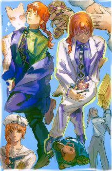 1girl absurdres blue_background braid braided_ponytail chainsaw_man cosplay formal_clothes green_shirt harvest_(stand) hat highres jojo_no_kimyou_na_bouken killer_queen kira_yoshikage kira_yoshikage_(cosplay) kira_yoshikage_(jojolion) kira_yoshikage_(jojolion)_(cosplay) long_sleeves looking_at_viewer makima_(chainsaw_man) necktie pochita_(chainsaw_man) purple_shirt purple_suit red_hair ringed_eyes sailor_collar sailor_hat sailor_shirt sheer_heart_attack shirt smile stray_cat_(jojo) suit uu0000322 white_shirt white_suit yellow_eyes