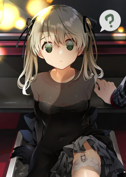 Rule 34 | 1boy, 1girl, black dress, blonde hair, commentary request, covered navel, dress, elbow gloves, garter straps, gloves, green eyes, highres, long hair, looking at viewer, maka albarn, satoimo (3311 mi), sitting, skirt, soul eater, soul evans, thighhighs, twintails
