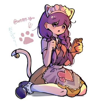 Rule 34 | 007f89 siyo, 1girl, alternate costume, alternate hairstyle, animal ears, bell, blush, braid, brown skirt, cat ears, cat tail, collared shirt, double-parted bangs, fake animal ears, fake tail, hair between eyes, highres, holding, holding notepad, holding pen, looking at viewer, low twin braids, mari (headspace) (omori), mari (omori), neckerchief, notepad, omori, parted lips, pen, purple eyes, purple hair, purple shoes, purple sweater vest, red neckerchief, shirt, shoes, short sleeves, sitting, skirt, socks, solo, sweater vest, tail, tail bell, tail ornament, translation request, twin braids, twitter username, wariza, white background, white shirt, white socks