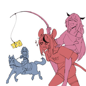 3girls animal_ears carrying cheese commentary english_commentary fishing_rod food hakos_baelz holding holding_fishing_rod holding_reins hololive hololive_english horns horse horseback_riding irys_(hololive) long_hair monica_mtna mouse_ears mouse_girl mouse_tail multiple_girls ouro_kronii piggyback pointy_ears reins riding tail virtual_youtuber