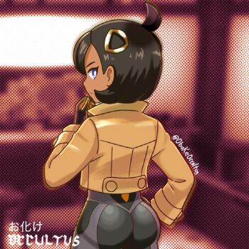 1girl artist_name ass black_bodysuit black_gloves black_hair bodysuit bodysuit_under_clothes brown_jacket closed_mouth commentary_request cowboy_shot cowlick dark-skinned_female dark_skin derivative_work emma_(pokemon) from_behind gloves hair_ornament hand_on_own_chin hand_on_own_hip impossible_bodysuit impossible_clothes jacket latex latex_bodysuit long_sleeves multicolored_gloves nintendo obake_occultus orange_gloves pokemon pokemon_legends:_z-a pokemon_tcg purple_eyes short_hair skin_tight solo standing twitter_username two-tone_gloves