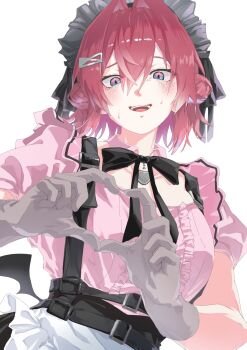 1girl ange_katrina belt black_belt black_bow black_bowtie black_wings blue_eyes blush bow bowtie breasts cafe_cutemare_uniform center_frills demon_wings detached_collar double_bun embarrassed four-finger_heart_hands frilled_shirt frills gloves grey_gloves grey_headdress hair_between_eyes hair_bun hair_intakes hair_ornament hashtag-only_commentary heart heart_hands heart_pendant highres long_bangs looking_at_viewer low_wings maid maid_headdress medium_breasts mini_wings multicolored_eyes multiple_belts nijisanji open_mouth pink_eyes pink_shirt puffy_short_sleeves puffy_sleeves red_hair satsuki_3737 shirt shirt_tucked_in short_sleeves simple_background smile solo sweat teeth two-tone_eyes upper_body upper_teeth_only virtual_youtuber white_background wings