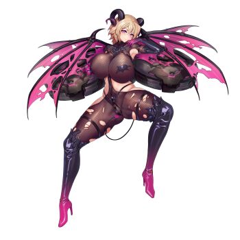 1girl anklet arm_strap armpit_cutout armpits bat_ornament bat_pasties between_breasts black_choker blonde_hair bodystocking bondage_outfit boots breasts choker cleavage clothing_cutout collarbone d-log demon_girl demon_horns demon_tail elbow_gloves facial_mark fishnet_bodystocking fishnets full_body game_cg gloves gluteal_fold gradient_boots gradient_gloves groin groin_tendon hair_between_eyes halloween_costume hand_on_own_face high_heel_boots high_heels highres horns huge_breasts jetpack jewelry knee_boots last_origin latex lingerie long_hair looking_at_viewer machinery necklace o-ring official_alternate_costume official_art partially_visible_vulva pasties ponytail propeller purple_boots purple_eyes purple_gloves purple_wings raven_(last_origin) removing_pasties revealing_clothes seductive_smile short_ponytail side_cutout skindentation smile solo spread_legs star_(symbol) tachi-e tail thick_thighs thigh_strap thighs torn_bodystocking torn_boots torn_clothes torn_gloves torn_wings transparent_background underwear wings
