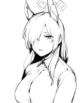 1girl animal_ears blue_archive breasts collared_shirt commentary_request dog_ears dog_girl expressionless fang greyscale hair_over_one_eye halo kanna_(blue_archive) large_breasts long_hair looking_at_viewer monochrome open_mouth sadahiro_(chicken_nugget_gyuuniku_aji) shirt sketch solo upper_body