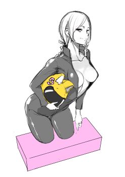 Rule 34 | 1girl, absurdres, animal ear helmet, animal helmet, biker clothes, bikesuit, black bodysuit, bodysuit, braid, breasts, celty sturluson, closed mouth, collarbone, cosplay, durarara!!, greyscale, helmet, highres, long hair, looking at viewer, monochrome, motorcycle helmet, shinatsuhiko yae, simple background, single braid, smile, solo, spot color, white background, yasuda suzuhito, yozakura quartet
