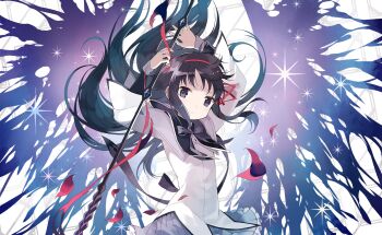 Rule 34 | 1girl, akemi homura, argyle background, artist request, back bow, black capelet, black hair, black wings of corrosion, bow, bow (weapon), bowtie, capelet, closed mouth, collared capelet, cowboy shot, dot nose, dress, floating clothes, floating hair, frilled skirt, frills, game cg, hair floating upwards, hair ribbon, hairband, high collar, highres, holding, holding bow (weapon), holding weapon, layered sleeves, light blush, light smile, long hair, long sleeves, looking at viewer, mahou shoujo madoka magica, mahou shoujo madoka magica (anime), mahou shoujo madoka magica magia exedra, miniskirt, official art, petals, pleated skirt, purple bow, purple bowtie, purple capelet, purple eyes, purple skirt, red hairband, red ribbon, ribbon, rose petals, short dress, sidelocks, skirt, sleeve cuffs, solo, sparkle, standing, two-tone capelet, very long hair, weapon, white background, white dress