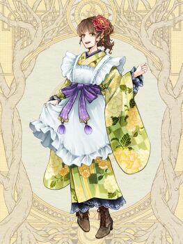 Rule 34 | 1girl, :d, angora hamasaki, apron, apron hold, blunt bangs, boots, bow, brown boots, brown hair, checkered clothes, checkered kimono, dairoku ryouhei, floral print, floral print kimono, flower, frilled apron, frills, full body, green eyes, green kimono, hair flower, hair ornament, hand up, japanese clothes, kimono, lace, lace-trimmed kimono, lace-up boots, lace trim, long sleeves, looking at viewer, maid apron, open mouth, peony (flower), peony print, ponytail, print kimono, purple bow, red flower, short ponytail, smile, solo, standing, tassel, waist bow, white apron, yellow background