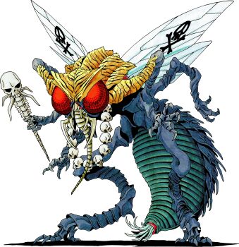 Rule 34 | absurdres, animal print, beelzebub (megami tensei), bug, carapace, claws, compound eyes, demon (megami tensei), extra arms, fangs, fly, highres, insect, insect wings, jewelry, kazuma kaneko, mandibles, marker (medium), necklace, no humans, official art, retro artstyle, scan, shin megami tensei, shin megami tensei ii, skull and crossbones, skull necklace, solo, staff, third-party source, tiger print, traditional media, transparent background, wings