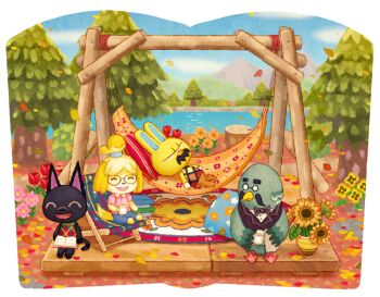 Rule 34 | 2boys, 2girls, :d, ^ ^, animal crossing, argyle clothes, argyle sweater, autumn leaves, black bow, black bowtie, black vest, blue pants, blue sky, book, book on lap, book stack, bow, bowtie, brewster (animal crossing), bush, cat girl, closed eyes, cloud, collared shirt, commentary request, cup, day, dog girl, facial hair, falling leaves, floral print, flower, furry, furry female, furry male, gaston (animal crossing), glasses, green sweater, hammock, hill, holding, holding cup, holding towel, isabelle (animal crossing), kiki (animal crossing), lake, leaf, looking at another, lying, moai (aoh), mountain, mug, multiple boys, multiple girls, mustache, nintendo, on back, open book, open mouth, outdoors, pants, pillow, pine tree, pink flower, pink shirt, rabbit boy, red flower, red sweater, round eyewear, rug, shirt, short sleeves, sitting, sky, sleeveless, sleeveless sweater, smile, sunflower, sweater, teeth, topknot, towel, tree, tree stump, tulip, upper teeth only, vase, vest, water, yellow flower