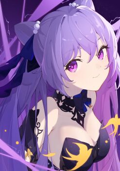 Rule 34 | 1girl, absurdres, armpit crease, bare shoulders, breasts, cat ear-shaped hair, closed mouth, detached collar, diamond-shaped pupils, diamond (shape), dress, genshin impact, hair between eyes, hair ornament, highres, keqing (genshin impact), keqing (opulent splendor) (genshin impact), large breasts, long hair, official alternate costume, official alternate hairstyle, purple eyes, purple hair, qi di xiong, smile, solo, strapless, strapless dress, symbol-shaped pupils, twintails, upper body